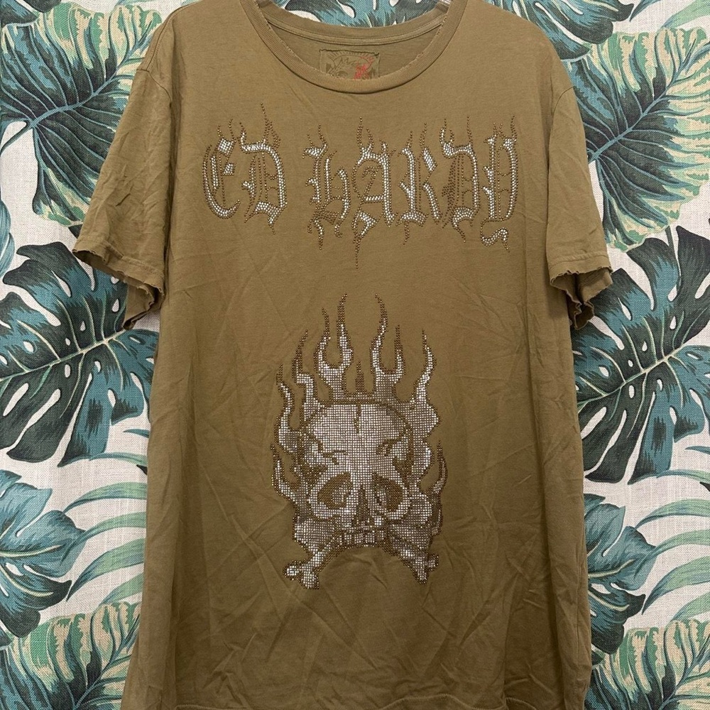 Vintage RARE Bedazzled Dark Green Ed Hardy Skull Tee